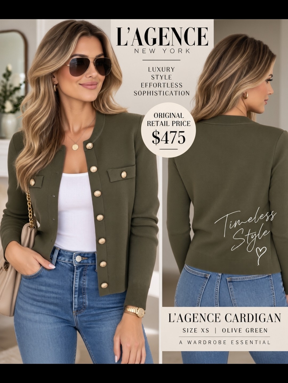L'Agence Olive Green Button-Front Cardigan